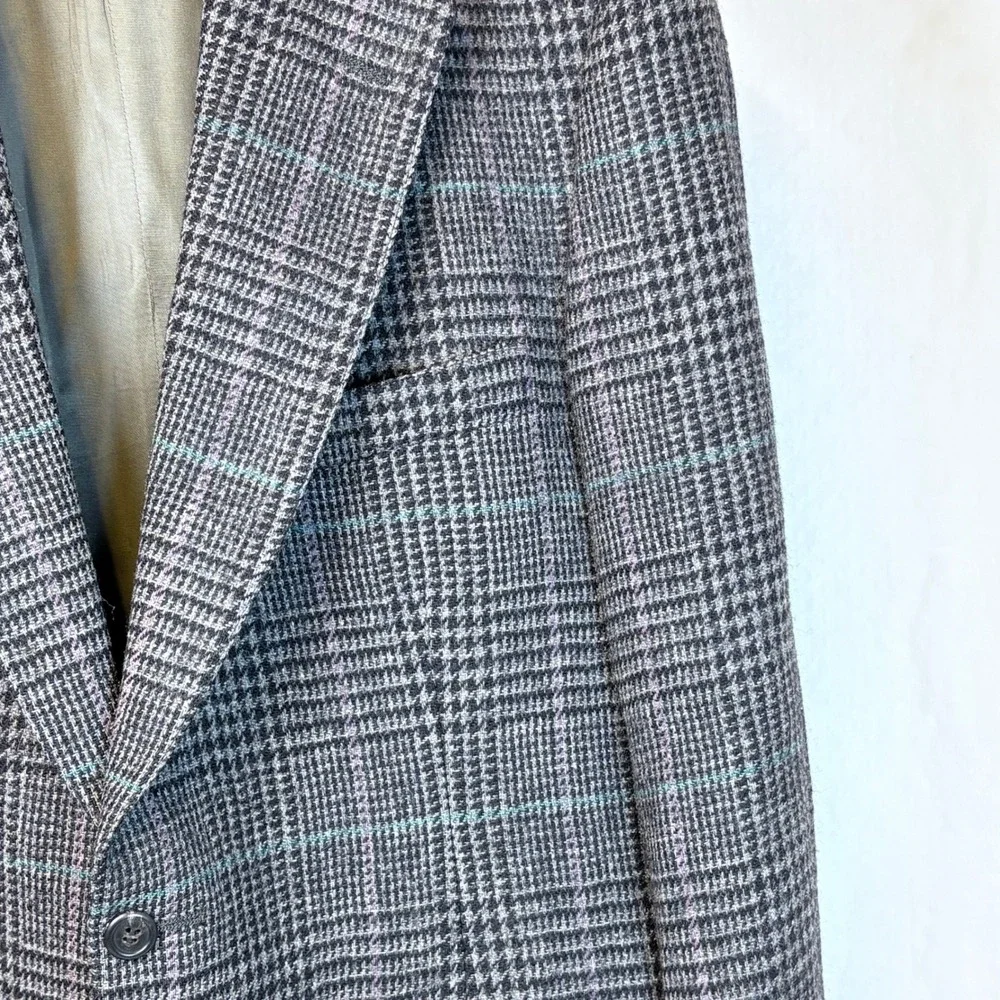 Vtg Polo University Club Ralph Lauren Wool Houndstooth Plaid Blazer Grey 42 USA